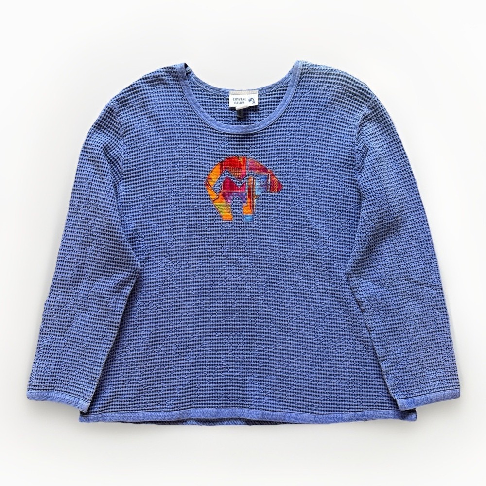 VTG Crystal Blues Waffle Knit Top XL Blue‎ Patchwork Bear Boho Cottagecore USA
